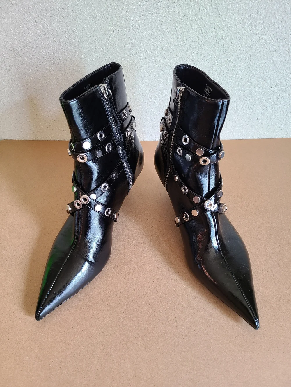Zara Black Pointed-Toe Grommet Strap Ankle Booties
